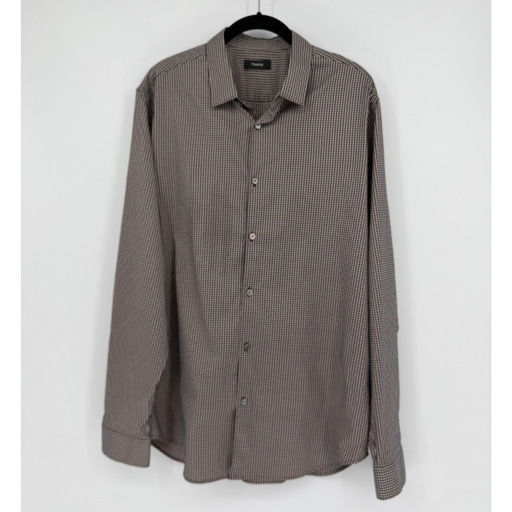 Theory Mens XL Murray Tech Shirting Navy Tan Gingham Long Sleeve Button Down
